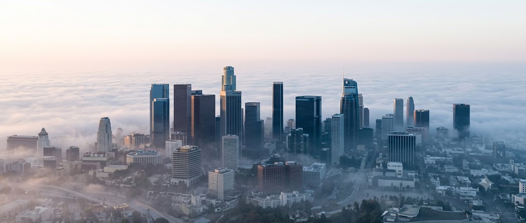 Downtown Los Angeles rising above the marine layer at dawn