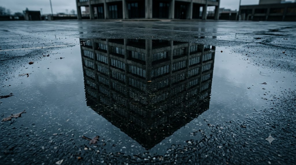 A corporate tower mirrored in rain-slicked pavement — the day Big Blue stumbled